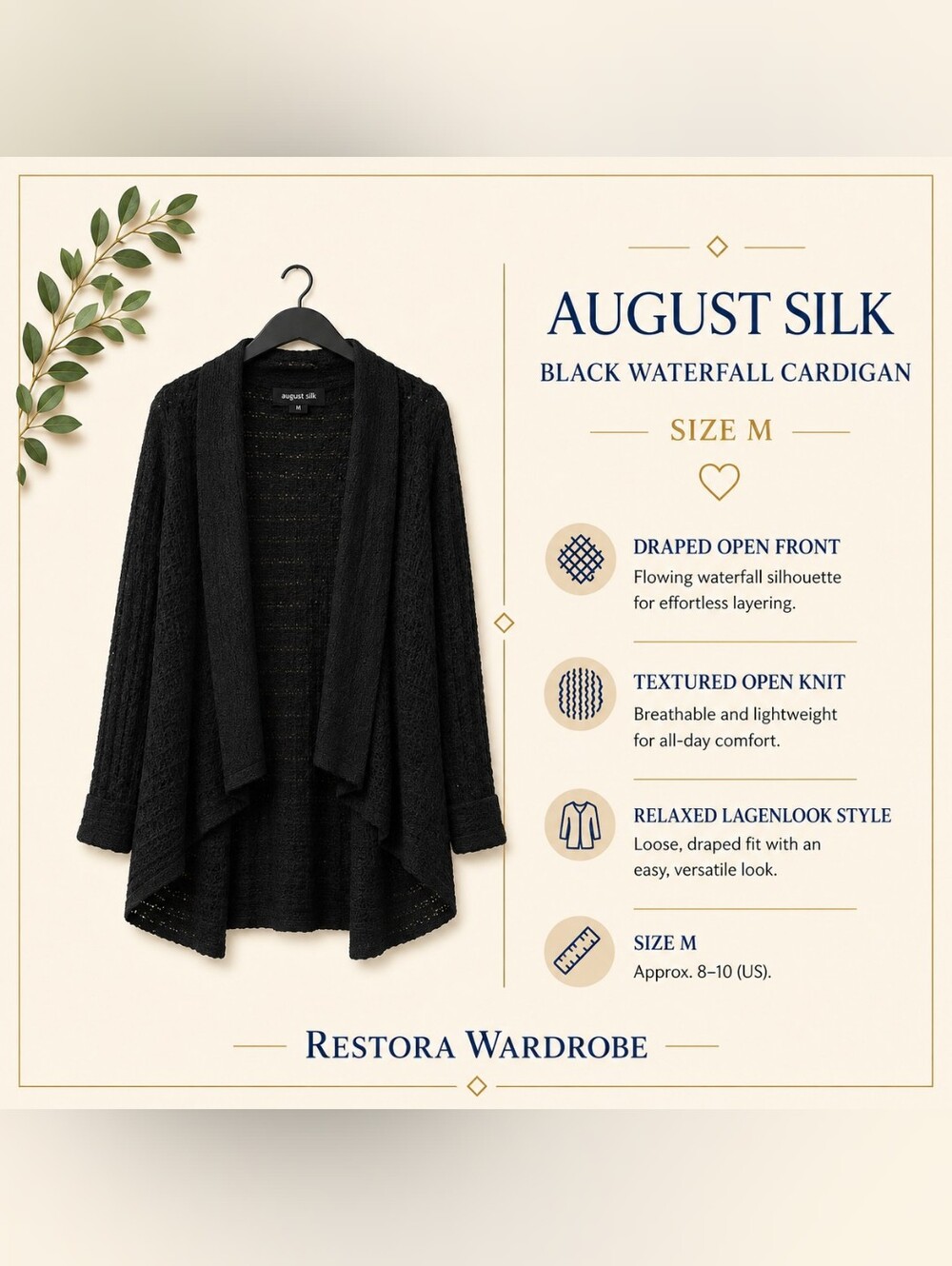 August Silk Black Waterfall Cardigan Lagenlook Boho Open Knit M